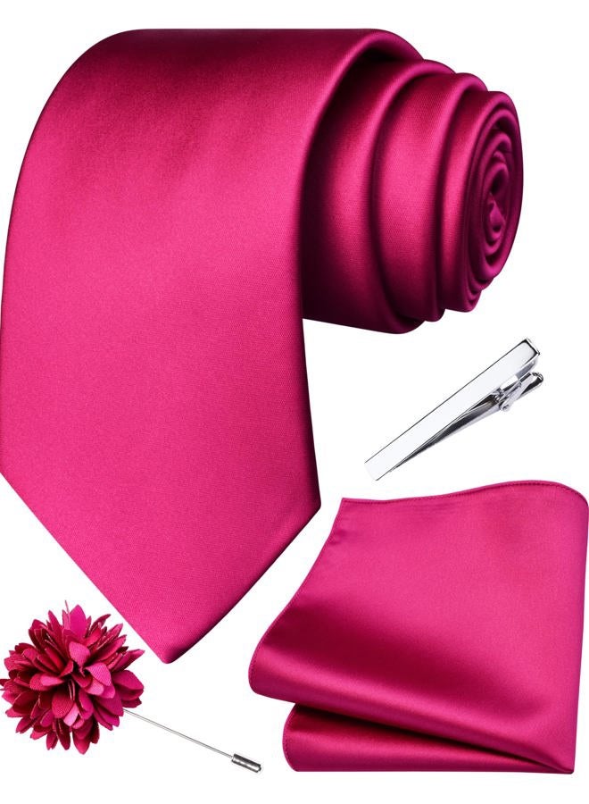 Branduce Fuchsia Pink Tie for Men Wedding Solid Satin Silk Blend Necktie Pocket Square Tie Clip and Lapel Pin Brooch Set (TA14-03) - Image 1