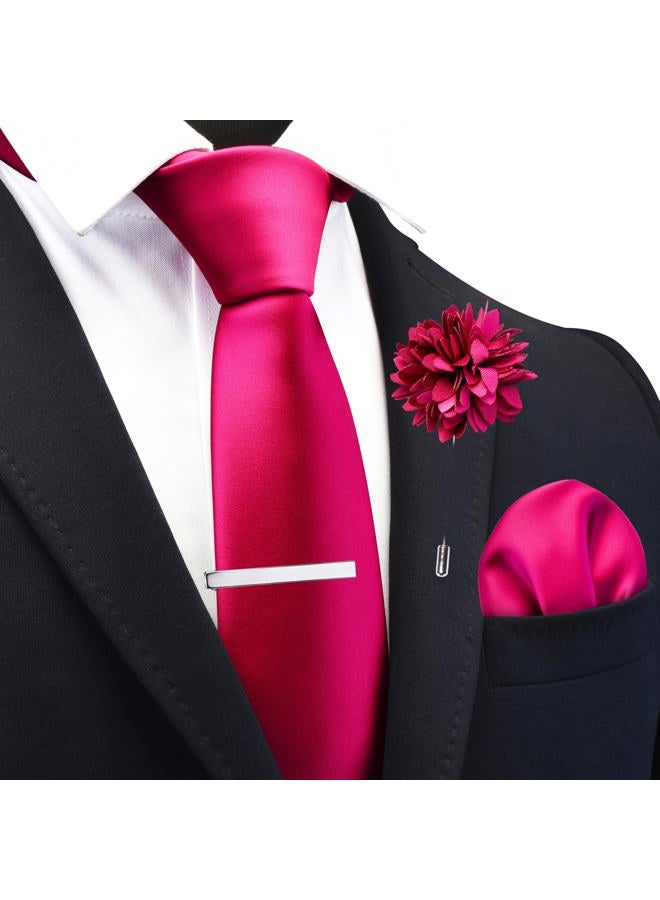 Branduce Fuchsia Pink Tie for Men Wedding Solid Satin Silk Blend Necktie Pocket Square Tie Clip and Lapel Pin Brooch Set (TA14-03) - Image 2
