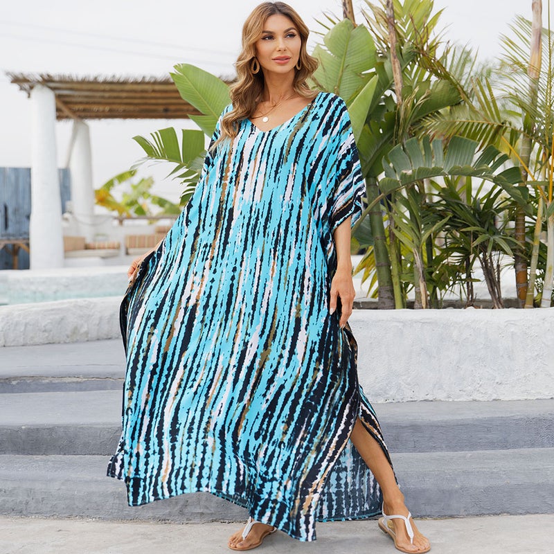 Generic 2024 European and American Beach Blouse Quick-drying Smudged Loose Large Size Vacation Robe Beach Skirt Bikini Sun Protection Shirt Blue black 02 