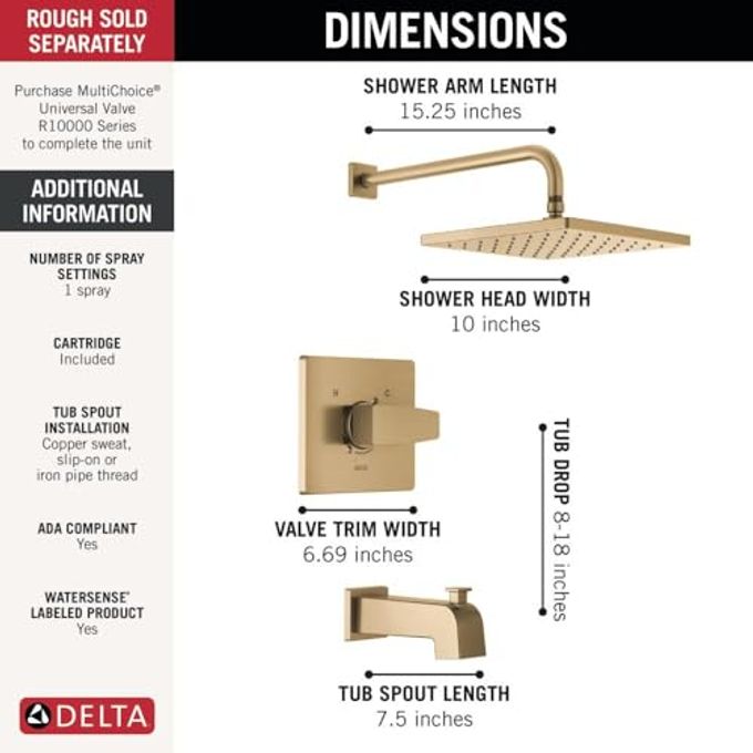 Delta Faucet Modern Raincan Square Single-Function Tub And Shower Trim Kit Gold, Tub Faucet Set, Rainfall Shower Head Gold, Delta Shower Kit, Champagne Bronze T14468-Cz-Pp (Valve Not Included) - Image 3