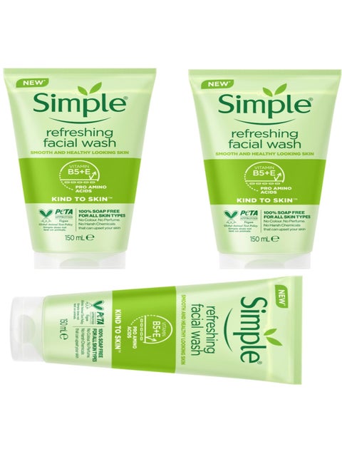 Simple Refreshing Facial Wash, Soap Free, For All Skin Types 150ml 3 Pieces