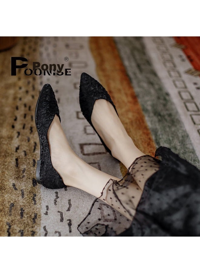 Pounise Women's Flats, Korean Style Versatile Elegant Low-cut Large Size Boat Shoes, Flat Soft Small Size Women's Shoes, Pqm-07, Black, 33/215 - Image 2