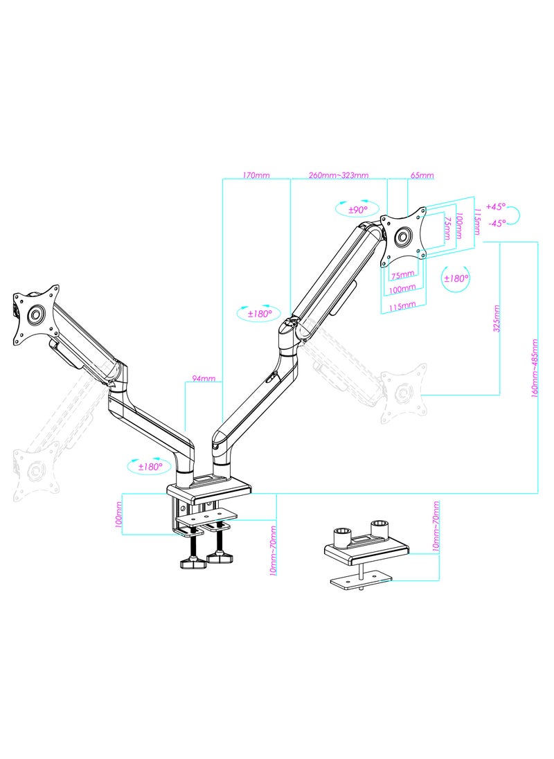 ETHU - ETHU Dual Monitor Arm for 17-35" Screens heavy duty UP to 16KGs/35lbs(each arm) Dual Monitor Stand Fully Adjustable C-Clamp & Grommet 2-Way Assembling VESA Mount 75mm 100mm Silver-Black - Image 1