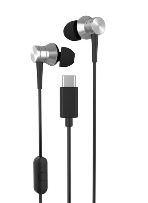سماعات أذن USB-C داخل الأذن مع التحكم في مستوى الصوت، سماعات أذن USB Type-C مع ميكروفون مضاد للضوضاء، مشغل 10 مم، أسود فضي - TS21