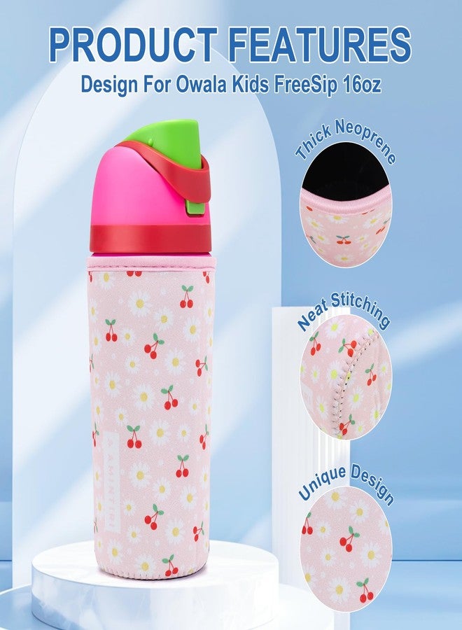 Amintiri Cute Sleeve for Owala Kids FreeSip 16oz, Thick Neoprene Cover Compatible with Owala 16oz, Water Bottle Scratch Resistant Sleeve for Boys Girls to School (Cherry&Daisy, 16 Ounces) - Image 2