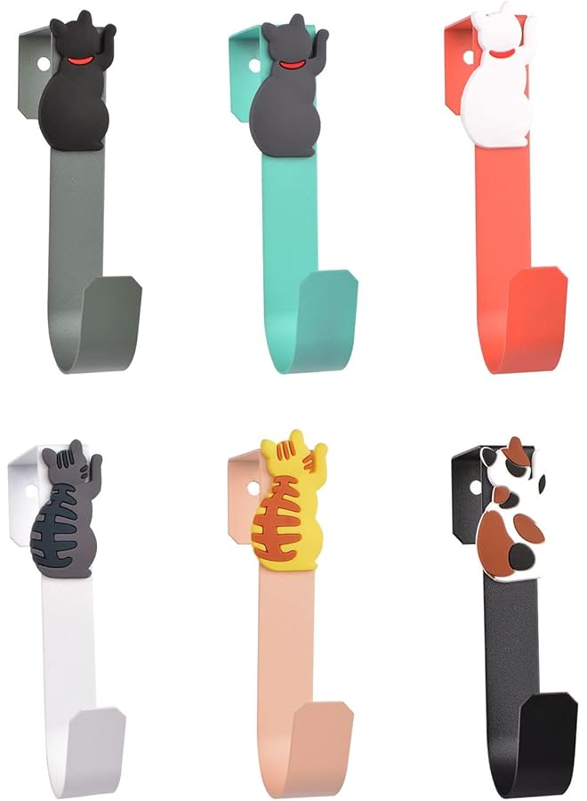 S-TOP 6 Pcs Over The Door Hook Kit, Sturdy Six Colors Metal Single Over Doors Hooks with Cat Animal Decorative - Image 1