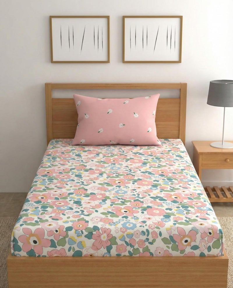 LOOMLYFE Microfiber Soft Cotton Single Bed Bedsheet For Diwan Bed, Size 60 Inches X 90 Inches, 152 X 230 Cm With 1 Large Size Pillow Covers Without Joint - Pinkflower, 250 TC - Image 3