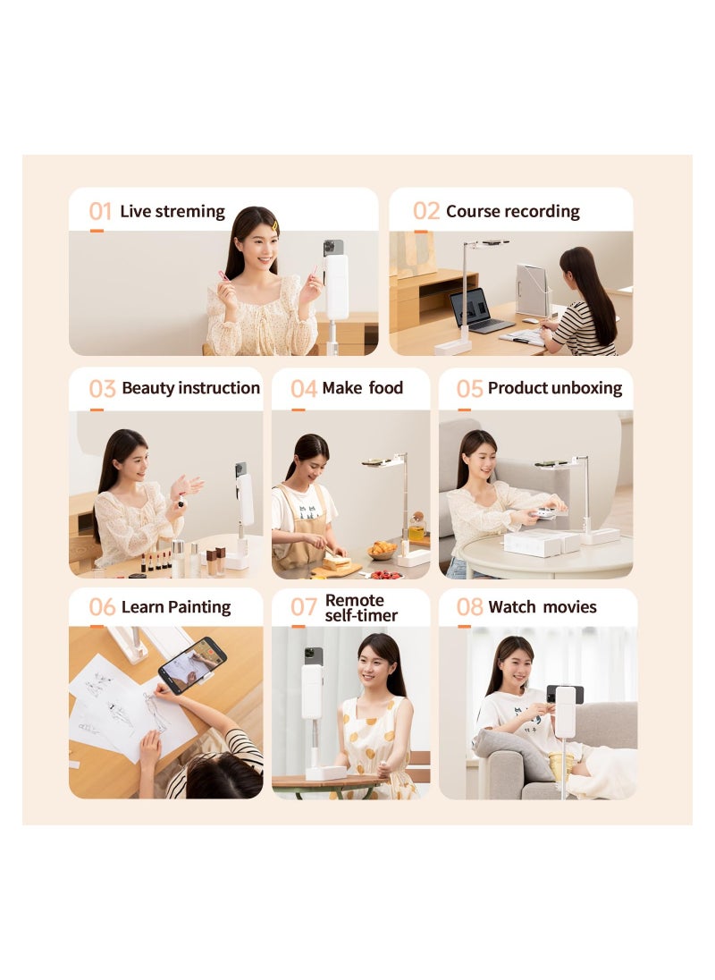 Upgrade Phone Stand, Rotating Phone Mount with Light, Desktop Tripod for Live Video Recording White