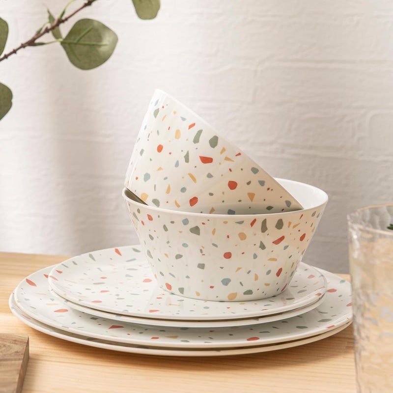 bzyoo 12-Piece Melamine Dinnerware Set - White Confetti | Lightweight, Durable, BPA-Free | Dishwasher Safe Dish Set for Indoor & Outdoor Use - Perfect for Camping, BBQs, Kids Parties - Image 2