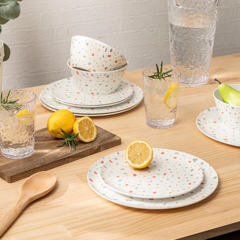 bzyoo 12-Piece Melamine Dinnerware Set - White Confetti | Lightweight, Durable, BPA-Free | Dishwasher Safe Dish Set for Indoor & Outdoor Use - Perfect for Camping, BBQs, Kids Parties - Image 3