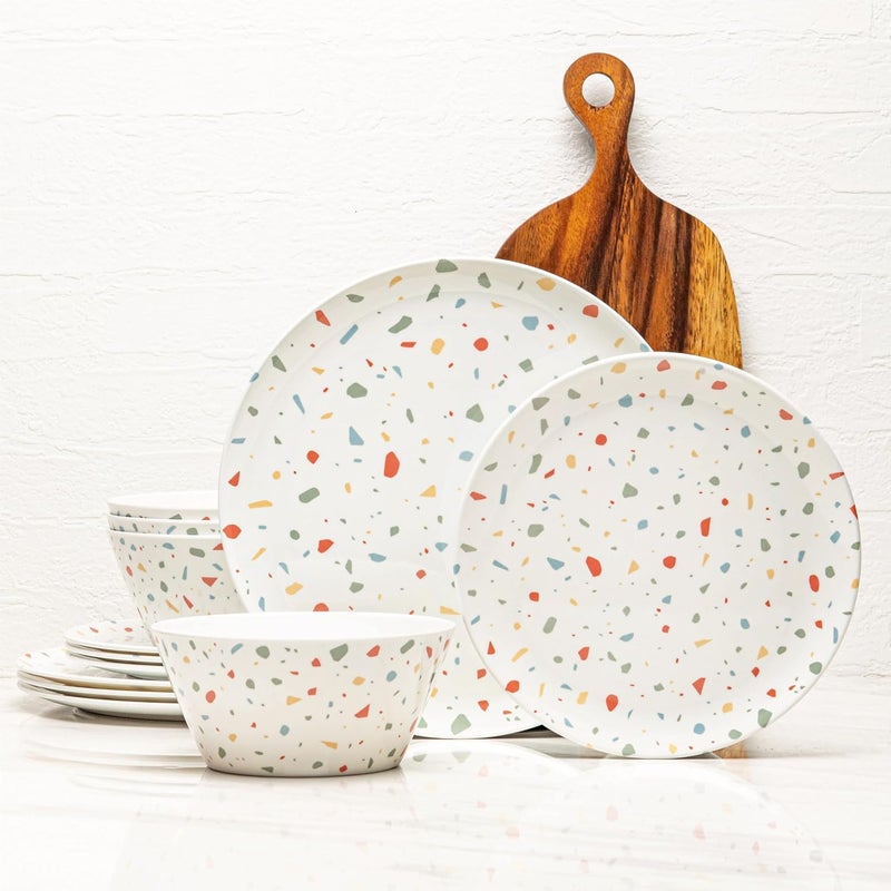 bzyoo 12-Piece Melamine Dinnerware Set - White Confetti | Lightweight, Durable, BPA-Free | Dishwasher Safe Dish Set for Indoor & Outdoor Use - Perfect for Camping, BBQs, Kids Parties - Image 1