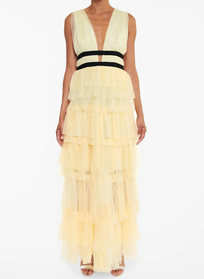 True Decadence Eliza Pale Yellow Plunging Neck Layered Tulle Skirt Maxi-Dress