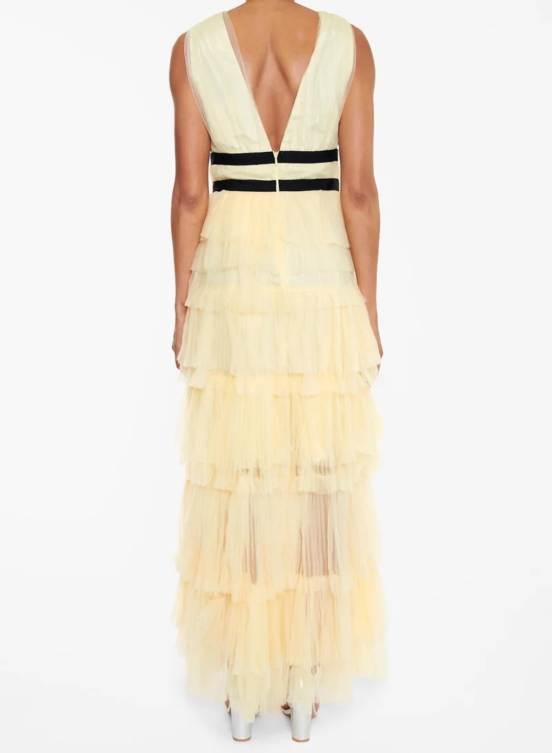True Decadence Eliza Pale Yellow Plunging Neck Layered Tulle Skirt Maxi-Dress