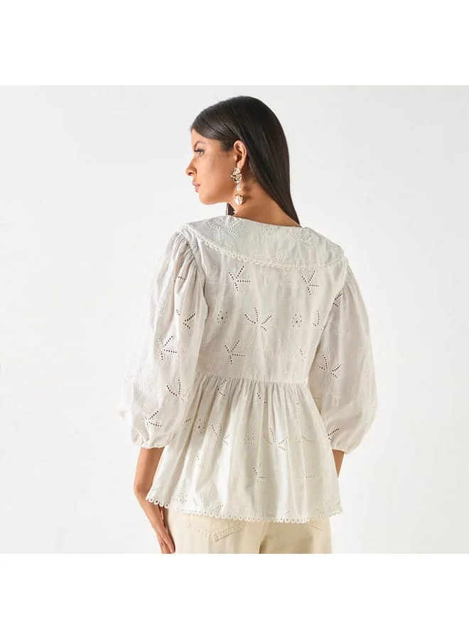 Iconic Iconic All-Over Embroidered Peplum Top with Tie-Ups