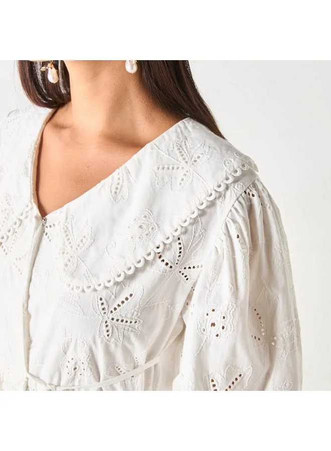 Iconic Iconic All-Over Embroidered Peplum Top with Tie-Ups