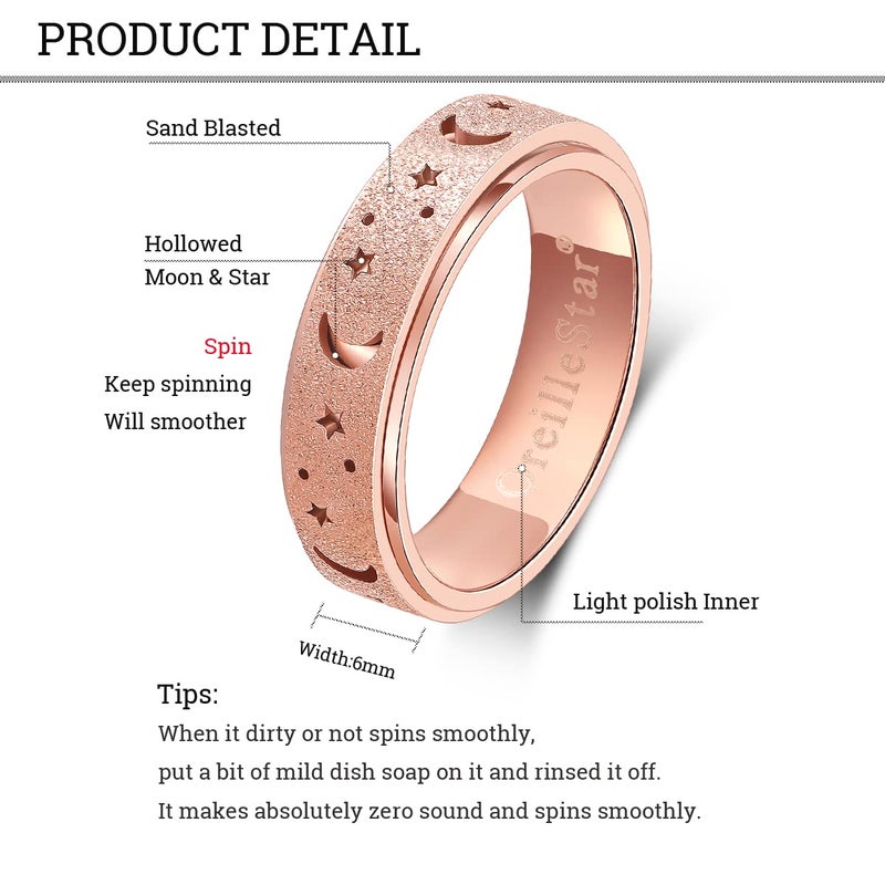 OreilleStar Anxiety Ring for Women Spinner Ring Stainless Steel Fidget Toys Adults Fidget Spinner Ring Moon Star Rose Gold Size 6 - Image 5