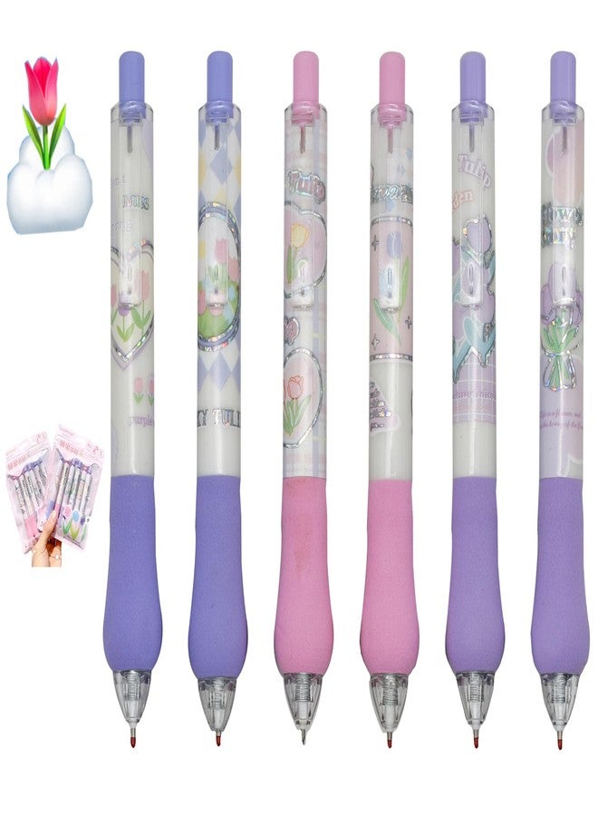 Lopenle 12 PCS Purple Tulip Pens Retractable Flower Pen Floral Ergonomic Pens ST Nib Soft Grip Black Ink For School Supplies Office Party Birthday - Image 1
