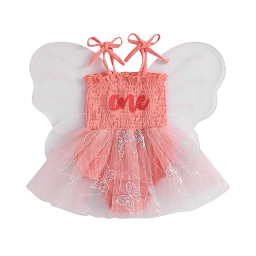 Dcohmch Fairy 1st Birthday Girl Outfit Tieup Tull Romper Dress with Butterfly Wings Cake Smash Photo Shoot Clothes Pink 1218 Months - Image 1