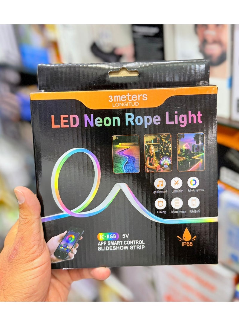 DubaiGallery 3 Meter RGB LED Neon Rope Light Strip with Mobile App Control, Full Color Lighting, Music Sync, Timing Function, Infrared Remote and Flexible Design for Bedroom, Living Room, Gaming Setup and Events - Image 1