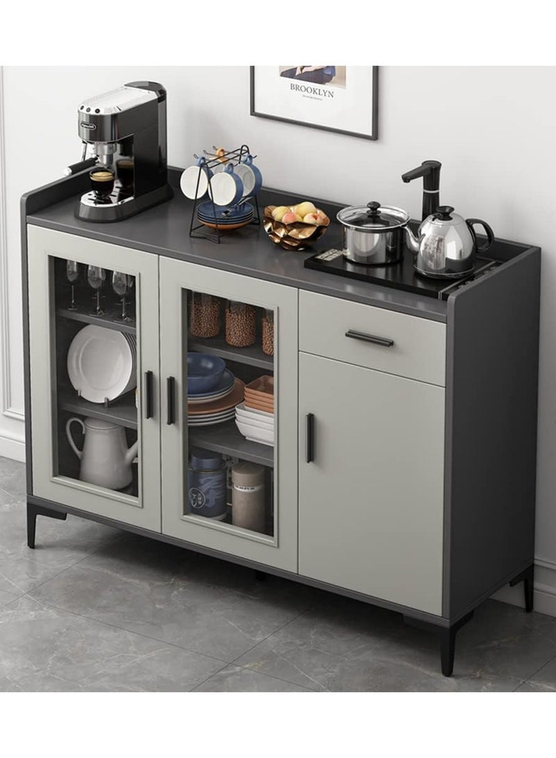 اليسا خزانة تخزين مطبخ قائمة بذاتها - رمادي MDF ومعدن، مقاس 100×92×34 سم مع سطح عمل، بابين أكريليك، درج، فتحة كابل وأرجل معدنية - منظم عالي التحمل - Image 1