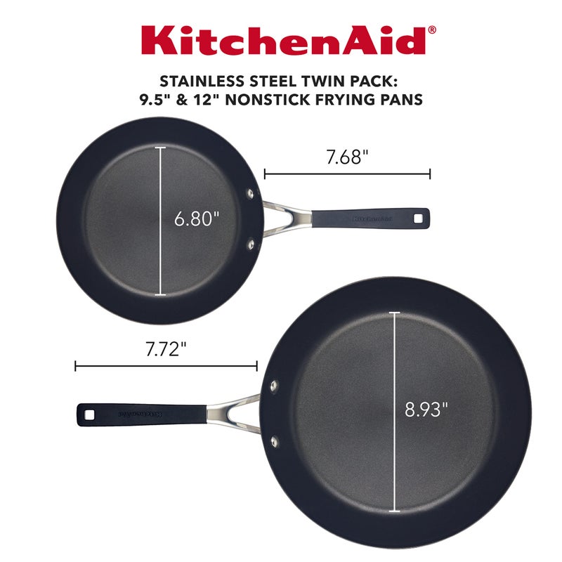 KitchenAid Stainless Steel Nonstick Frying Pans/Skillet Set, 9.5 Inch and 12 Inch - Brushed Stainless Steel - Image 3