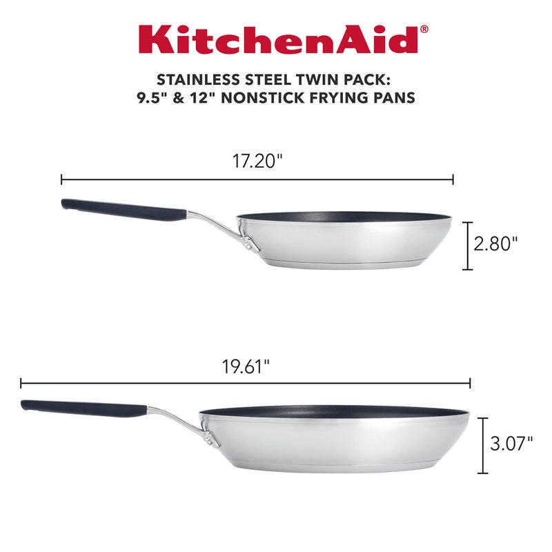 KitchenAid Stainless Steel Nonstick Frying Pans/Skillet Set, 9.5 Inch and 12 Inch - Brushed Stainless Steel - Image 2