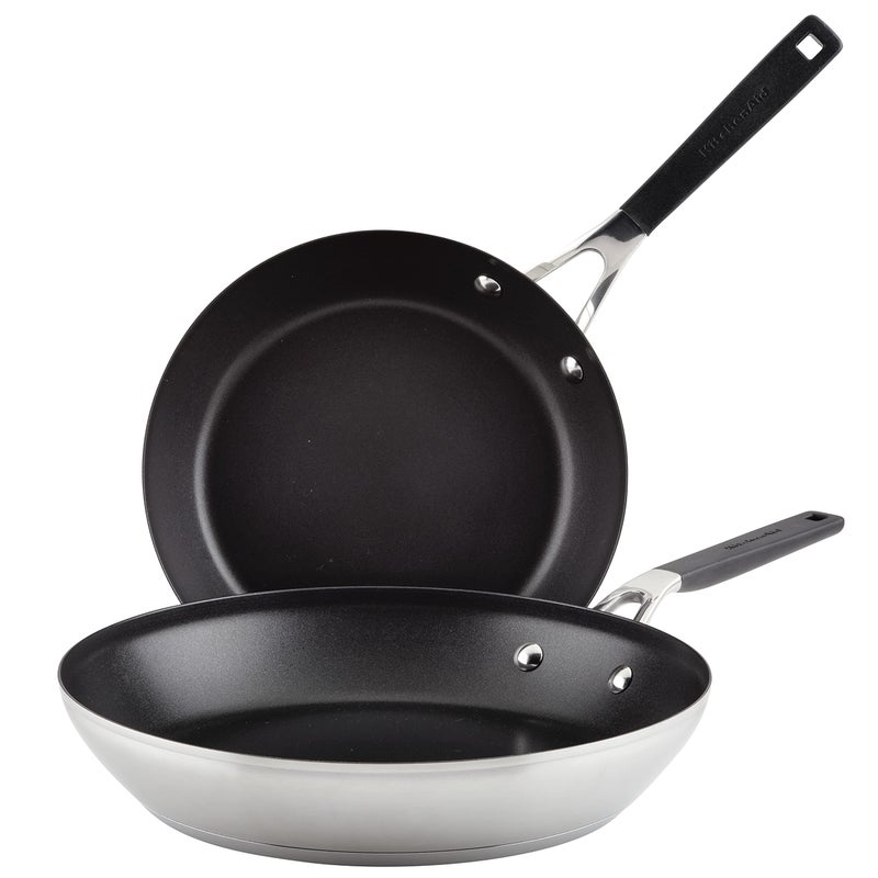 KitchenAid Stainless Steel Nonstick Frying Pans/Skillet Set, 9.5 Inch and 12 Inch - Brushed Stainless Steel - Image 1