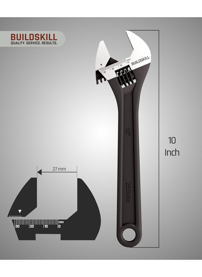 BUILDSKILL Adjustable Spanner 10 250 mm Easy Wrench Spanner Plumbing Tools Adjustable Wrench for All Nut Sizes Black Phosphate Coating Lasered Scale 6 Months Warranty
