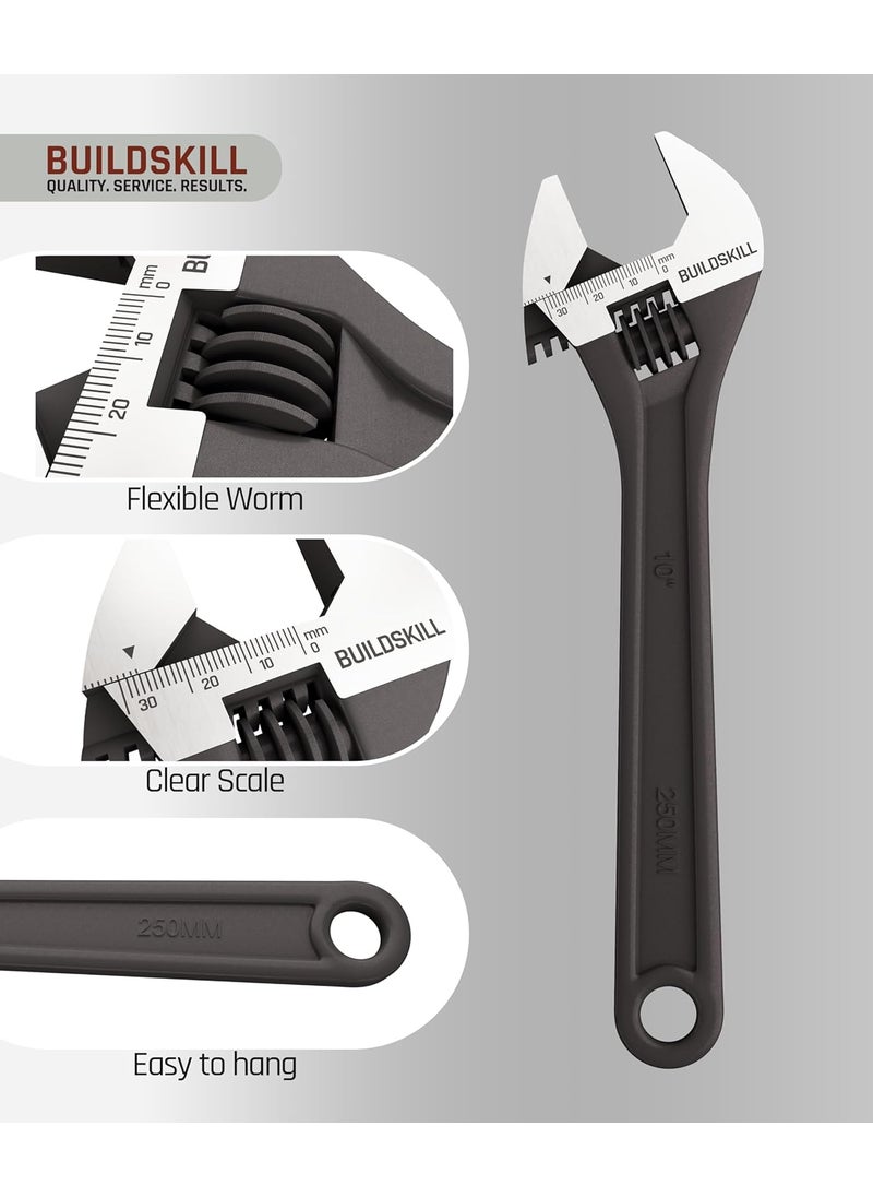 BUILDSKILL Adjustable Spanner 10 250 mm Easy Wrench Spanner Plumbing Tools Adjustable Wrench for All Nut Sizes Black Phosphate Coating Lasered Scale 6 Months Warranty