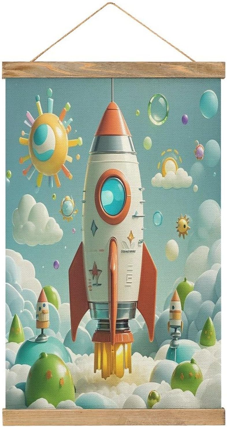 Vintage Cartoon Rockets Poster Personalized Linen Hanging Scroll Painting Posters Framed with Wood Hanger for Home Kitchen Office Living Room Bedroom Frame - Image 1