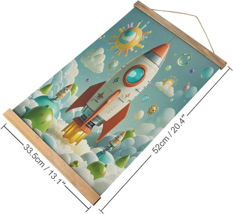 Vintage Cartoon Rockets Poster Personalized Linen Hanging Scroll Painting Posters Framed with Wood Hanger for Home Kitchen Office Living Room Bedroom Frame - Image 2