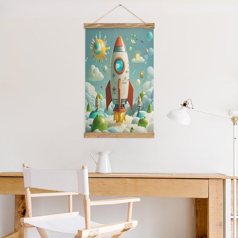 Vintage Cartoon Rockets Poster Personalized Linen Hanging Scroll Painting Posters Framed with Wood Hanger for Home Kitchen Office Living Room Bedroom Frame - Image 5