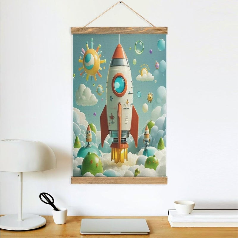Vintage Cartoon Rockets Poster Personalized Linen Hanging Scroll Painting Posters Framed with Wood Hanger for Home Kitchen Office Living Room Bedroom Frame - Image 4