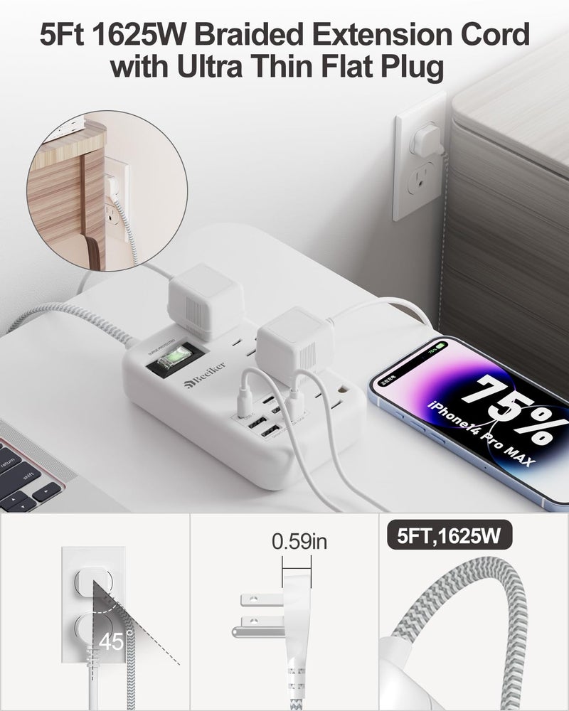 Beeiker 6 USB(2 USB C) Surge Protector Power Strip- 5Ft Travel Power Strip with 4.8A USB Charging Station and 4 Extendable Outlet, 13A Flat Plug Braided Extension Cord with Wall Mount for Travel Office Dorm - Image 4