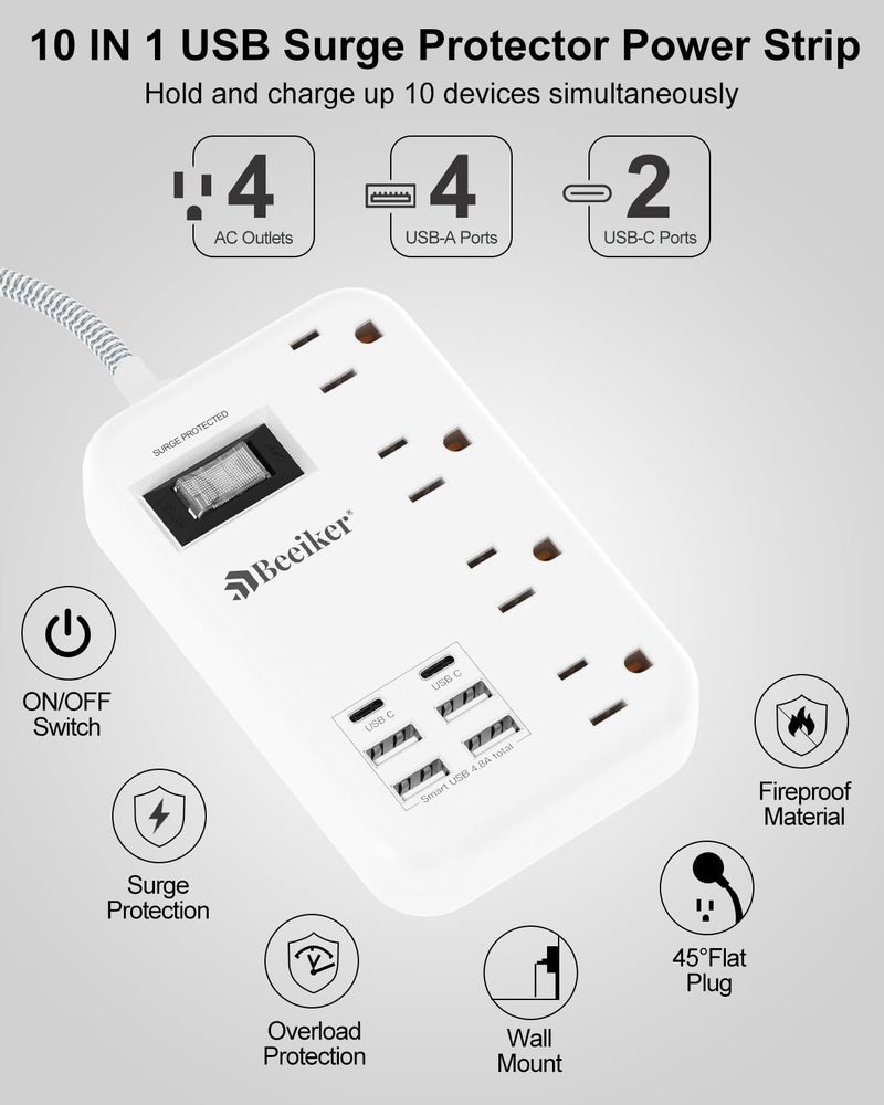 Beeiker 6 USB(2 USB C) Surge Protector Power Strip- 5Ft Travel Power Strip with 4.8A USB Charging Station and 4 Extendable Outlet, 13A Flat Plug Braided Extension Cord with Wall Mount for Travel Office Dorm - Image 3