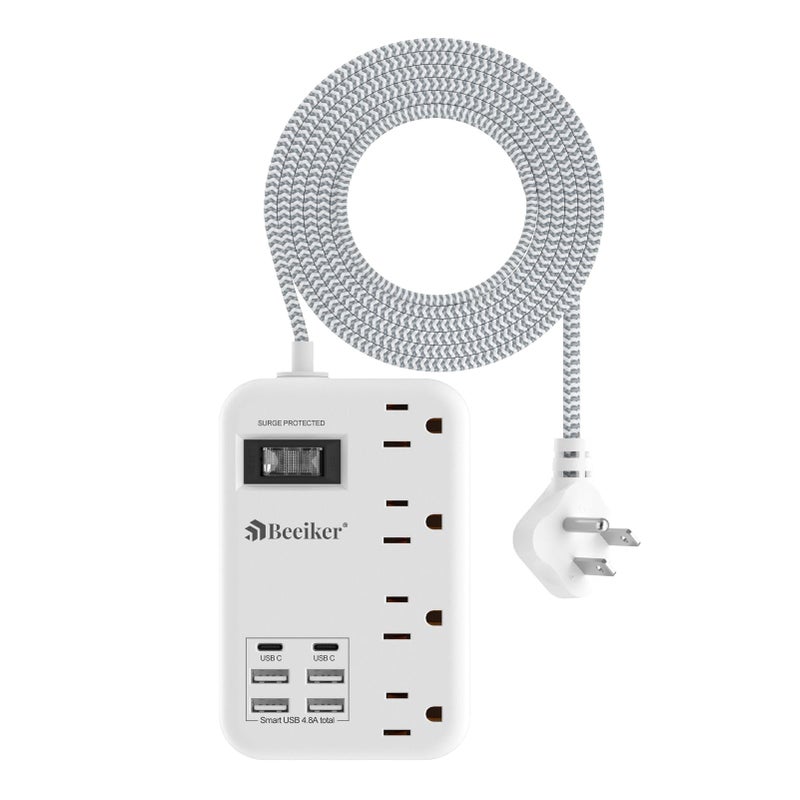 Beeiker 6 USB(2 USB C) Surge Protector Power Strip- 5Ft Travel Power Strip with 4.8A USB Charging Station and 4 Extendable Outlet, 13A Flat Plug Braided Extension Cord with Wall Mount for Travel Office Dorm - Image 1