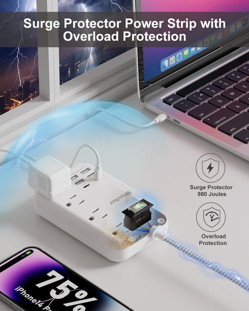 Beeiker 6 USB(2 USB C) Surge Protector Power Strip- 5Ft Travel Power Strip with 4.8A USB Charging Station and 4 Extendable Outlet, 13A Flat Plug Braided Extension Cord with Wall Mount for Travel Office Dorm - Image 5