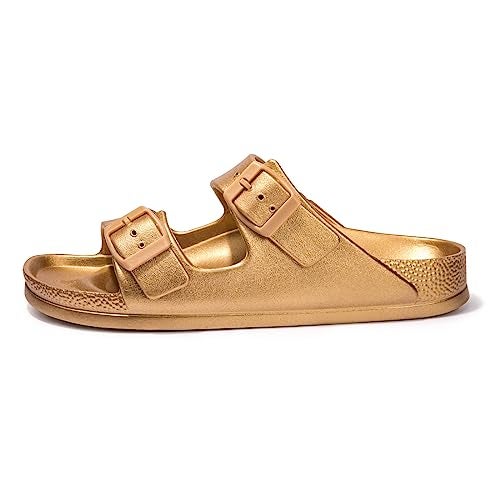 FUNKYMONKEY Women's Plastic Sandals New Upgrade Quality EVA Waterproof Double Buckle Adjustable Slides Shoes (9 M US, New Variation Gold/XPZ) - Image 2