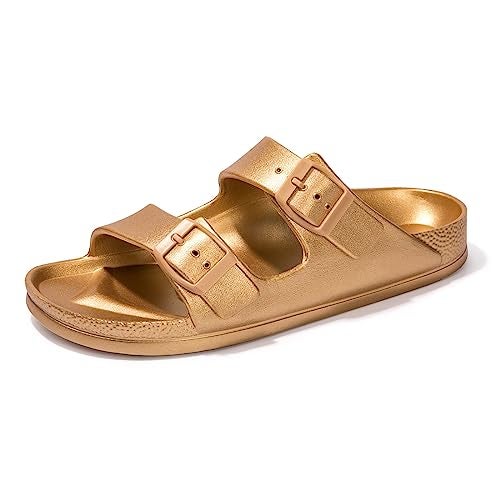 FUNKYMONKEY Women's Plastic Sandals New Upgrade Quality EVA Waterproof Double Buckle Adjustable Slides Shoes (9 M US, New Variation Gold/XPZ) - Image 1