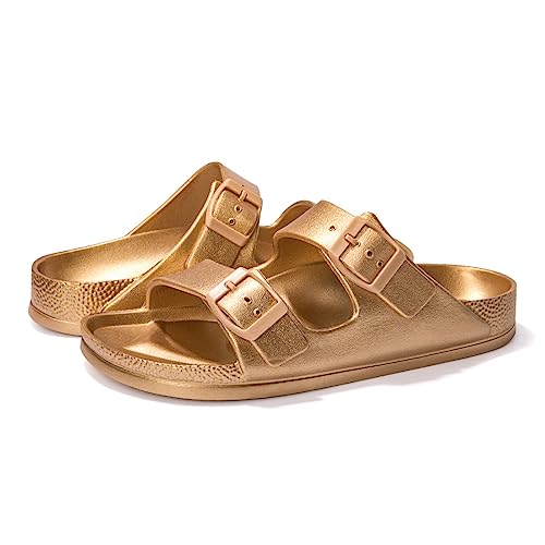 FUNKYMONKEY Women's Plastic Sandals New Upgrade Quality EVA Waterproof Double Buckle Adjustable Slides Shoes (9 M US, New Variation Gold/XPZ) - Image 5