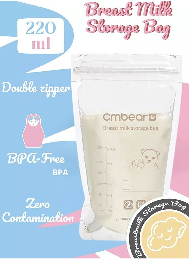 Self Standing Milk Storage Bags With Double Zipper, 30 Count, 220 ML