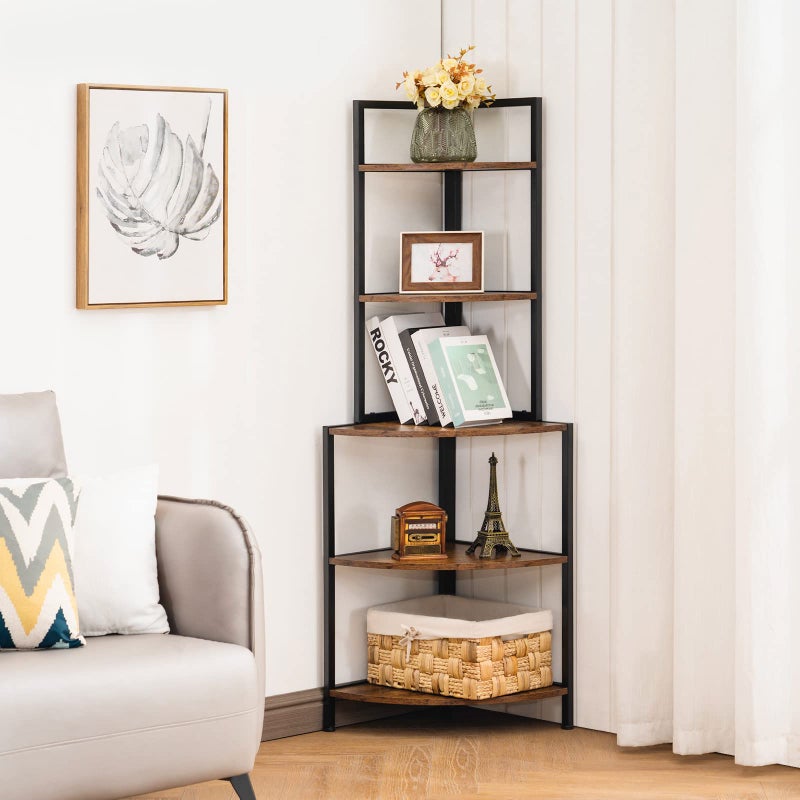 Apicizon Apicizon 5 Tier Corner Shelf Industrial Corner Bookshelf with Metal Frame Rustic Corner Storage Rack Shelves Display Plant Flower Stand Bookcase for Home Office Small Place Kitchen Rustic Brown 