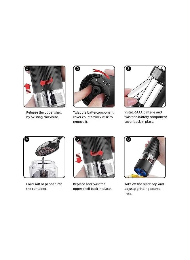 X spring Electric Salt And Pepper Grinder Set 2 Pack Electric Pepper Grinder With Led Light And Bottom Cap Battery Powered Pepper Mill Grinder One Hand Operated Adjustable Coarseness Black  - Image 4