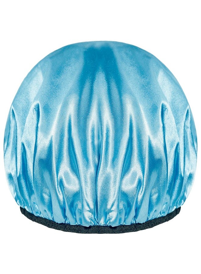 Aquior Shower Cap,Extra Large Triple Layer Bathing Cap with Dry Hair Function for Women Microfiber Terry Cloth Silky Satin 100% Waterproof Reusable Long Hair Bath Caps (Blue) - Image 3
