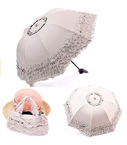 zmgmsmh Foldable Lace Parasol Travel sun rain Umbrella Compact anti UV Resistance Princess Sun Umbrella for Women Girls Lace Beige - Image 3