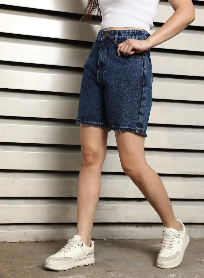هاي ستار Women's Indigo 100% Cotton Bleached Cropped Length Bermuda Regular Fit Shorts