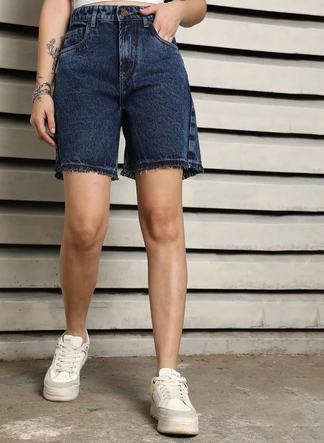 هاي ستار Women's Indigo 100% Cotton Bleached Cropped Length Bermuda Regular Fit Shorts