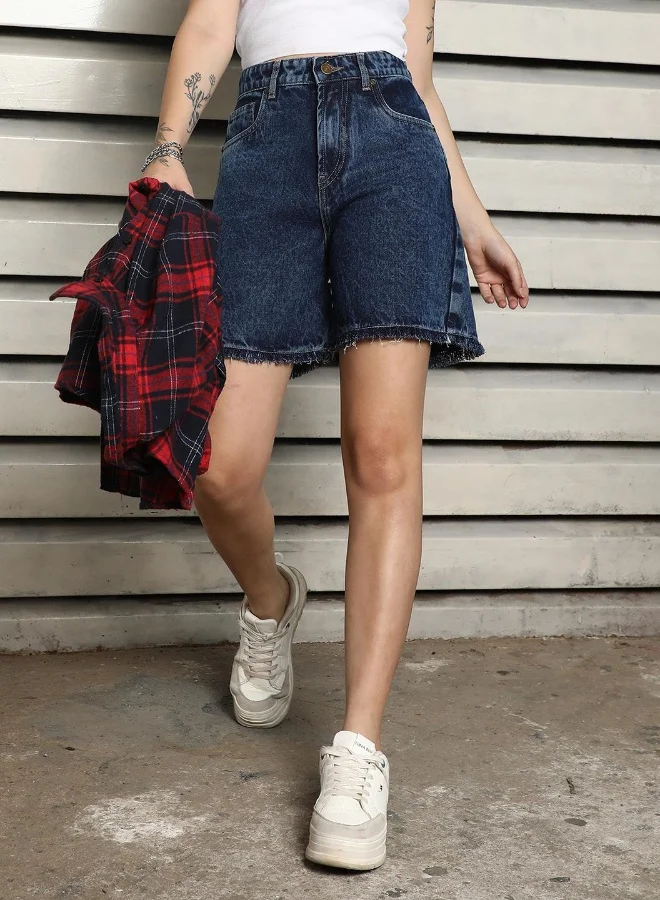 هاي ستار Women's Indigo 100% Cotton Bleached Cropped Length Bermuda Regular Fit Shorts