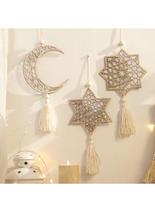 أكسلوت زينة عيد رمضان، طقم زينة رمضان إسلامي خشبي، زينة جدارية على شكل هلال ونجمة مع شرابات، طقم زينة جدارية خشبي مجوف رقيق مكون من 3 قطع مع شرابات - Image 1