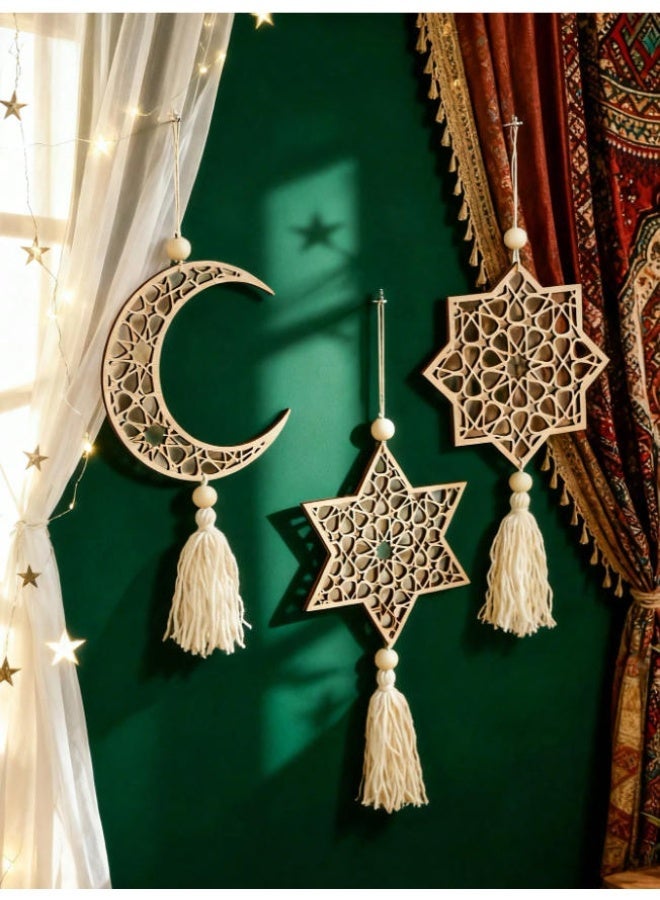 أكسلوت زينة عيد رمضان، طقم زينة رمضان إسلامي خشبي، زينة جدارية على شكل هلال ونجمة مع شرابات، طقم زينة جدارية خشبي مجوف رقيق مكون من 3 قطع مع شرابات - Image 2